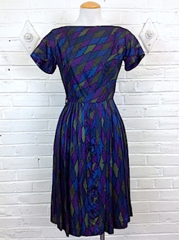 (XS) Women's Vintage 60's Dress. Jewel Toned Diamond Novelty Print.