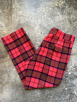 (40x32) Mens Vintage 70s Flared Wool Disco Pants. Red, Navy & Yellow Plaid. As-Is. As-Is.