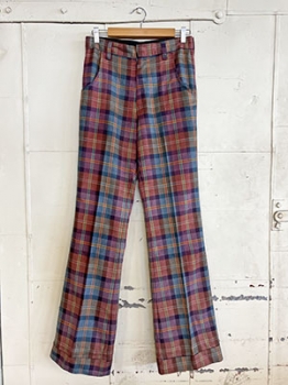 (29x34) Mens Vintage 1970s Cuffed Disco Pants, Gray, Purple, Rust & Blue Plaid.