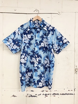 (XL) Mens Vintage 70s S/S Disco Shirt. Blue & White Funky Floral Print.