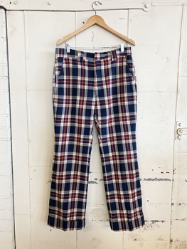 (34x29) Mens Vintage 70s Disco Pants. Deep Red, Navy Blue, Off-White & Yellow Plaid!