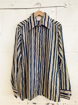 (L) Mens Vintage 70s Disco Shirt. Navy Blue, Tan, Sand & Beige Striped. Never Worn!