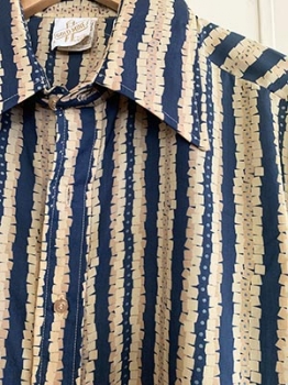 (XL) Mens Vintage 70s Disco Shirt. Navy Blue, Tan, Sand & Beige Striped. Never Worn!