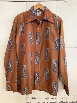 (L) Mens Vintage 70s Disco Shirt. Rust, Purple & Green Psychedelic Wave Print. Never Worn.
