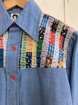 (M) Mens Vintage 70s Disco Shirt. Denim w/ Quilted Patchwork & Embroidery!