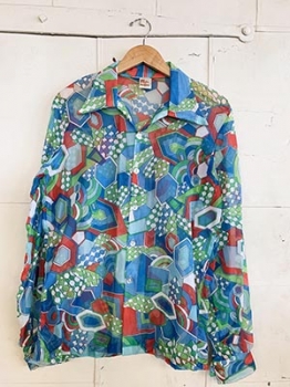 (M/L) Mens Vintage 70s Disco Shirt. Blue, Green & Red w/Psychedelic Print. Never Worn!