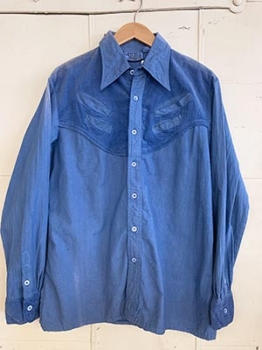 (L) Mens Vintage 70s Disco Shirt. Blue with Corduroy Yoke. Never Worn.