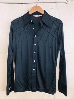 (XS/S) Mens Vintage 70s Dagger Collar Disco Shirt. Sexy,Slinky Black. Never Worn.