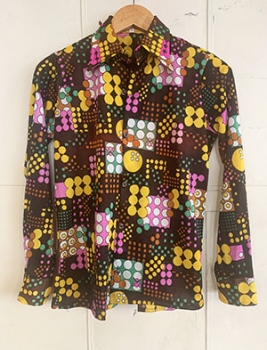 (Boys XL / Mens XS) Vintage 70s Dagger Collar Disco Shirt. Brown,Pink,Green & Yellow Trippy Print.