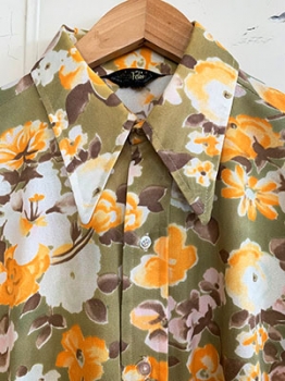 (M) Mens Vintage 70s Dagger Collar Disco Shirt. Olive Green w/ Orange, Pink & Brown Flowers!