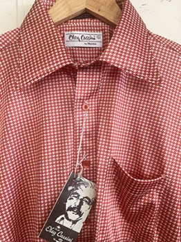(L) Mens Vintage 70s Disco Shirt. Red & Off-White Herringbone Pattern. Never Worn!
