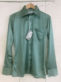 (M) Mens Vintage 70s Disco Shirt. Green & Off White Herringbone Pattern. Never Worn!
