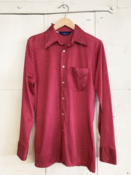 (S/M) Mens Vintage 70s Dagger Collar Disco Shirt. Red & White Polka Dots!