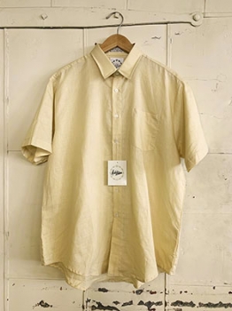 (L) Mens Vintage 80s Short Sleeved Shirt. Egg Shell Yellow Linen. Never Worn!