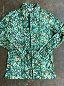 (M Tall) Mens Vintage 70s Disco Shirt. SHades of Green & Gold w/ Trippy Abstract Flowers and vines!