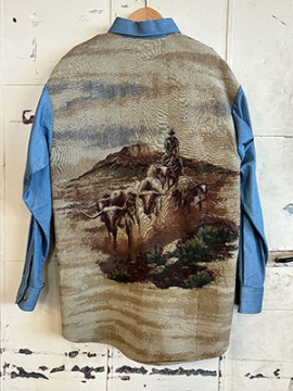 (S/M) Men's Vintage Denim Shirt w/ Rancher Tapestry on Back!
