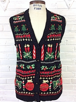 (Mens S) Ugly Xmas Sweater Vest. Candles, Holly & Ornaments w/ Real Gold Bows!