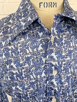 (M/L) Mens Vintage 70s Disco Shirt! Shades of Blue w/ Variety of Flowers! Never Worn!