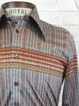 (M/L) Men's Vintage 70s Disco Shirt. Arrow Tips & Stripes in Brown, Brick Red, Orange & White!