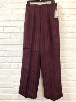 Unworn mens 1980s/40s gangster style zoot suit party pants. Shiny burgundy stripes. Multiple sizes a