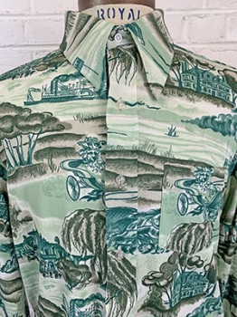 (L) Mens Vintage 70s Disco Shirt! Southern Plantation Scene in shades of Green.
