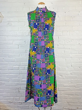 (S) Women's 1960s Vintage Maxi Dress. Green, Pink & Purple Flower Power Trippy design!