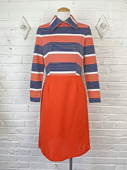 (XS/S) Women's Vintage 70s Disco Dress. Orange, Navy Blue & Off-White Striped! As-Is.