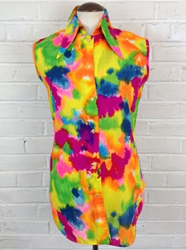 (M) Womens Vintage 70s Tie Dye Sleeveless Top! Pink, Green, Yellow & Blue.