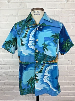 (XL) Mens Vintage 70s Hawaiian Disco Shirt! Blue, Green & Brown w/ Sailboats & Volcano. As is.