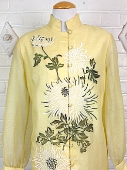 (M/L) Womens Vintage 60s Shaheen dress. Yellow, Off-White and Green Flowers. As-Is.