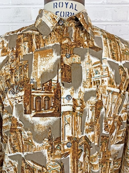 (L) Mens Vintage Printed Shirt. Brown, Gold, Green & Off-White Cathedrals!