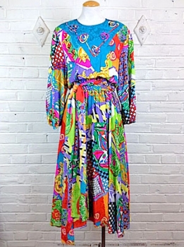 (S/M) Women's Vintage 80s Diane Freis Silk Dress & Scarf. Bright Psychedelic Colors!