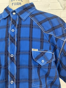 (4XL) BIGMAN Short Sleeve Vintage Western Shirt. Royal Blue, Navy & White Plaid!