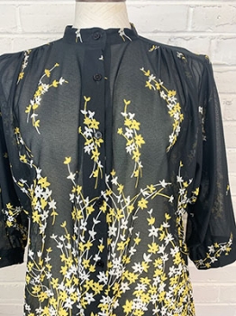 (XL) Women's Vintage 70s Semi-Sheer Blouse. Black w/ Yellow & White Flowers.