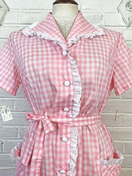 (L/XL) Women's Vintage 60s/70s Day Dress. Pink & White Gingham w/ Lace! As-Is.