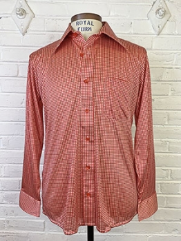 (L) Mens Vintage 70s Disco Shirt. Red & White Houndstooth Pattern. Never Worn!