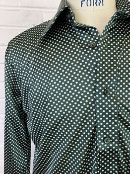 (L) Mens Vintage 70s Disco Shirt. Forest Green w/ Off-White Polka Dot! Never Worn.