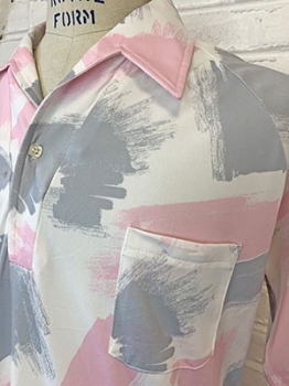 (XL) Mens Vintage 70s Short Sleeved Disco Shirt. White w/ Pink & Gray Brushstrokes! As-Is.