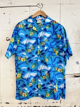 (L) Men's Vintage 70s Hawaiian Shirt. Royal Blue w/ Yellow & Orange Flowers!
