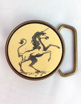 Vintage 70s Brass Unicorn Belt Buckle. Scrimshawed Style!
